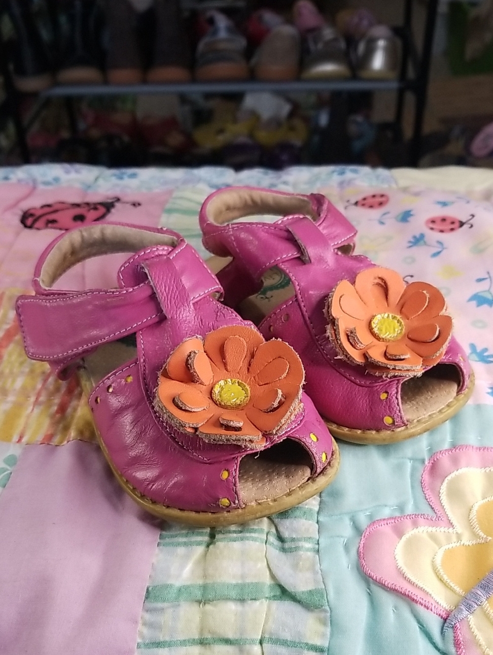 Livie & Luca Pink Leather Sandals with Orange Flowers Size 8 Peep toe Blooms